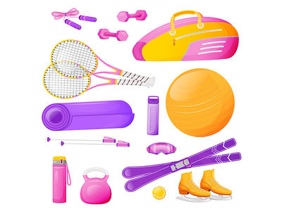 女性健美操齿轮平面颜色矢量对象集(Female aerobics gear flat color vector objects set)