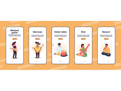 街头音乐家登上移动应用屏幕平面矢量模板(Street musicians onboarding mobile app screen flat vector template)