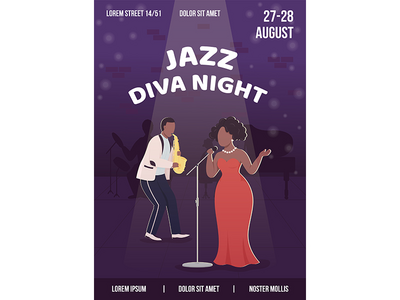 爵士天后夜海报平面矢量模板(Jazz diva night poster flat vector template)