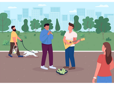 街头音乐播放平面彩色矢量图(Street music playing flat color vector illustration)