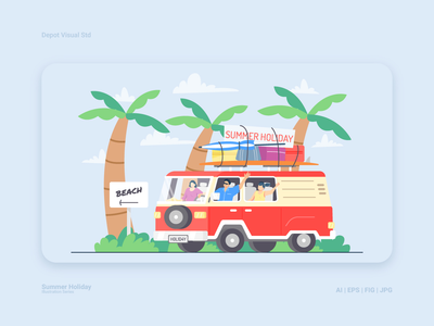 暑假乘汽车上海滩插图(Summer Holiday by Car on Beach Illustration)