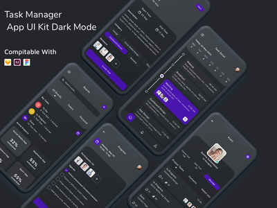 任务管理器应用程序 UI 工具包深色模式(Task Manager App UI Kit Dark Mode)
