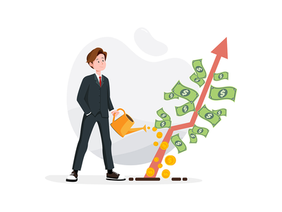 商人正在浇灌金钱树。增加收入，增加投资。(Businessman is watering a tree of money. Increase revenue, investment.)