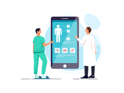 医生使用智能手机上的医疗应用程序检查患者。(Doctors examining a patient using a medical app on a smartphone.)