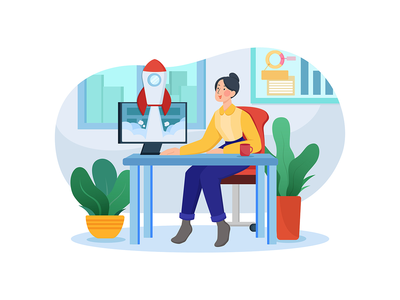 女商人从笔记本电脑发射火箭(Businesswoman launches rocket from a laptop)