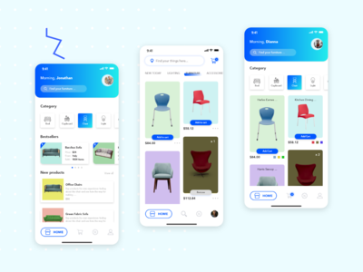 家具应用程序产品列表平面设计概念的三个选项(Three Options for Product List flat design concept for Furniture app)