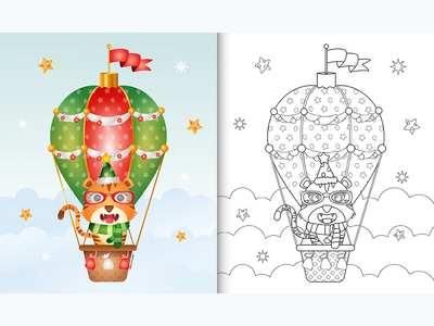 热气球上可爱的老虎圣诞人物的着色书(coloring book with a cute tiger christmas characters on hot air balloon)