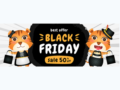 带有可爱老虎插图的黑色星期五特价促销横幅(spacial discount black friday sale banner with cute tiger illustration)