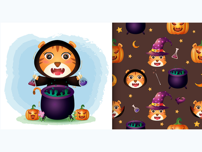 老虎与女巫服装万圣节。无缝图案和插图设计(tiger with witch costume halloween.seamless pattern and illustration designs)
