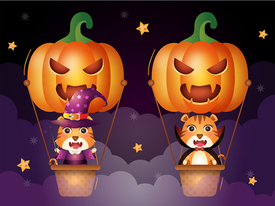 南瓜气球上的可爱老虎(Cute tigers on pumpkin air balloon)