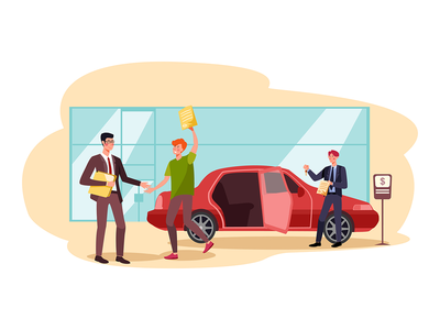 车贷获批。获得银行授权后，快乐的年轻人退出了(Car loan approved. Happy young man exited when got a bank authorization)