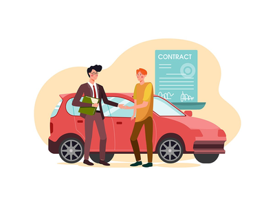 汽车经销店卖主问候顾客(Car dealership seller greeting customer)