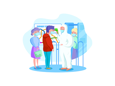 在地铁站检查乘客体温的危险品专家。(Specialist in hazmat suit checking passengers temperature at subway station.)