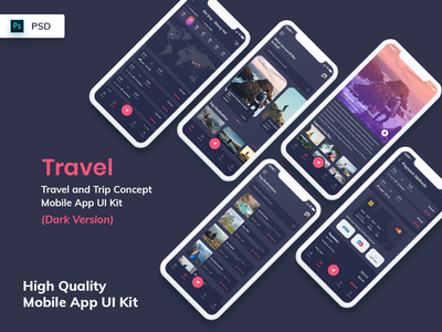 Travel Mobile App UI Kit 深色版(Travel Mobile App UI Kit Dark Version)