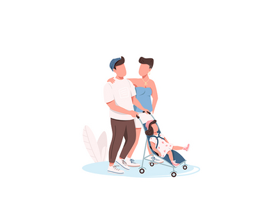 年轻家庭行走平面彩色矢量不露面人物(Young family walking flat color vector faceless characters)