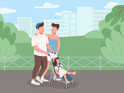 年轻的家庭步行平面彩色矢量图(Young family walking flat color vector illustration)