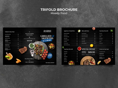 烤牛排和蔬菜餐厅三折小册子模板免费 Psd(Grilled steak and veggies restaurant trifold brochure template Free Psd)