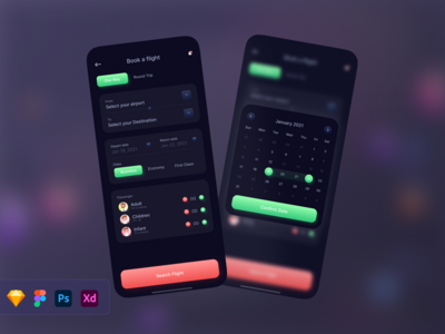 机票预订 UI 套件 - 预订航班 - 飞行手册 - 深色(Ticket booking UI Kit - Book Flight - Flybook - Dark)