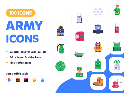 100 军队矢量图标(100 Army Vector Icons)