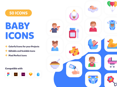 50 个童年平面矢量图标(50 Childhood Flat vector Icons)