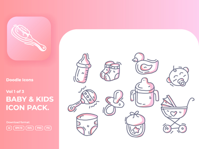 第 1 卷，共 3 套手绘涂鸦婴儿和儿童护理渐变线图标(Vol 1 of 3 Set of hand drawn doodle baby and kids care gradient line icons)