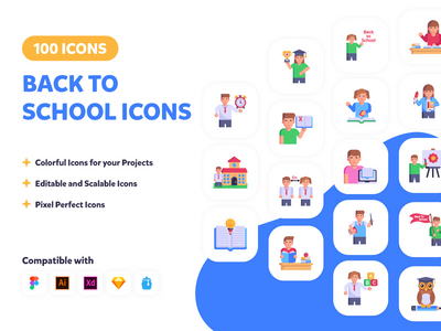 100 回学校教育图标集(100 Back to School Education Icons Set)
