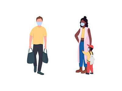 戴面具的非洲和高加索人平面彩色矢量无脸字符集(African and caucasian people in masks flat color vector faceless character set)