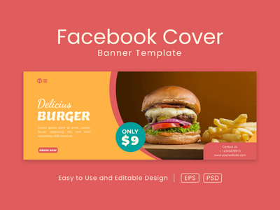 美味汉堡 facebook 封面页和网页横幅设计模板(Delicious Burger facebook cover page and web banner design template)