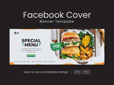 美味汉堡 facebook 封面页和网页横幅设计模板(Delicious Burger facebook cover page and web banner design template)