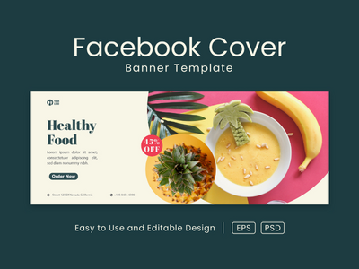 健康食品 facebook 封面页和网页横幅设计模板(Healthy Food facebook cover page and web banner design template)