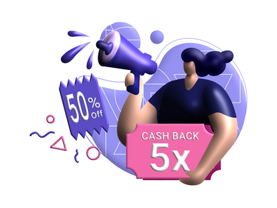 返现活动 3d 渲染插图可享受 50% 的折扣，获得优惠券折扣(cashback campaign 3d rendering Illustration for 50% off get vouchers discounts)