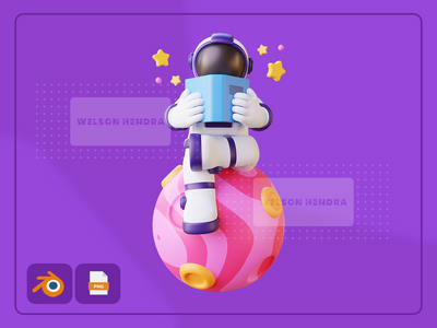 宇航员坐着看书-太空 3D 插图包(Astronaut sitting reading a book - Space 3D Illustration Pack)