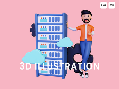 做服务器云托管的 3d 人(3d Man doing server cloud hosting)