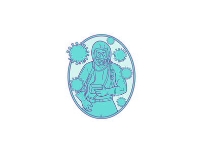 医生穿着带有冠状病毒单声道线的防护套件(Doctor Wearing Protective Suite With Coronavirus Mono Line)