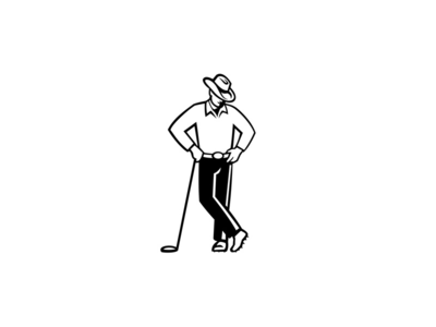 牛仔高尔夫球手倾斜高尔夫俱乐部黑白(Cowboy Golfer Leaning Golf Club Black and White)