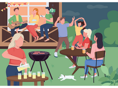 户外派对与朋友平面彩色矢量插图(Outdoor party with friends flat color vector illustration)