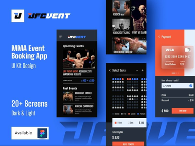 UFC VENT - Figma 中的 MMA 活动预订应用程序深色 UI 套件(UFC VENT - MMA Event Booking App Dark UI kit in Figma)