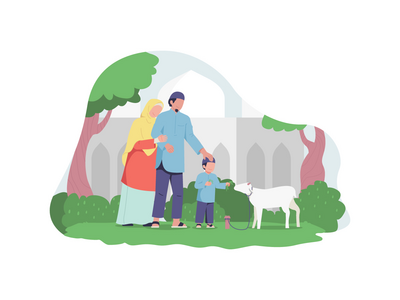 用家庭插图庆祝宰牲节(Celebrating Eid Al Adha with Family Illustration)