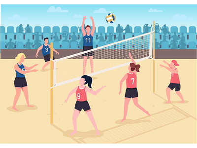 人们在沙滩上打排球平面彩色矢量图(People playing volleyball on beach flat color vector illustration)
