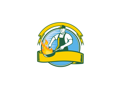 厨师烹饪火焰锅圈复古吉祥物(Chef Cooking Flaming Pan Circle Retro Mascot)