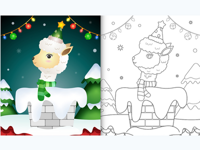 用帽子和围巾在烟囱里为有可爱羊驼的孩子着色书(coloring book for kids with a cute alpaca using hat and scarf in chimney)