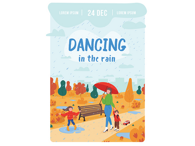 在雨中跳舞海报平面矢量模板(Dancing in rain poster flat vector template)