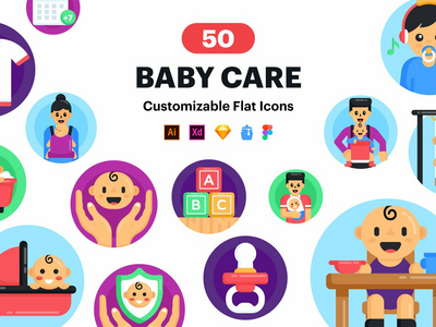 婴儿护理图标-50 个圆形矢量图标(Baby Care Icons - 50 Round Vector Icons)