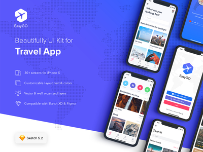 EasyGo - 用于 SKETCH 的旅行应用程序 UI 套件(EasyGo - Travel App UI Kit for SKETCH)