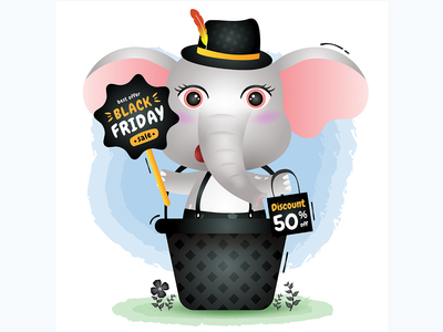 黑色星期五促销，篮子里有一头可爱的大象(Black friday sale with a cute elephant in the basket)