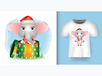 大象在 T 恤设计的礼品盒中使用圣诞帽和围巾(Elephant using santa hat and scarf in the gift box with t-shirt design)