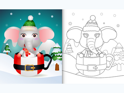 着色书与可爱的大象圣诞节(coloring book with a cute elephant christmas)
