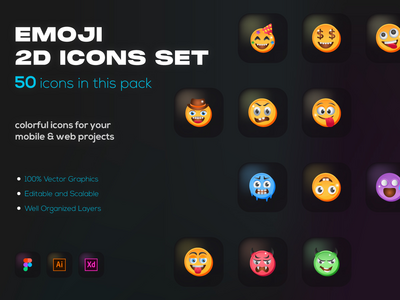 50 个表情符号图标-平面矢量(50 Emojis Icons - Flat Vectors)