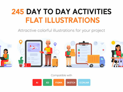 245个平面日常活动插图(245 Flat Day to Day Activities illustrations)
