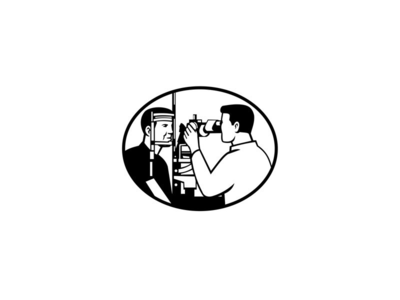 患者和验光师与眼睛测试设备复古黑白(Patient and Optometrist with Eye Test Equipment Retro Black and White)